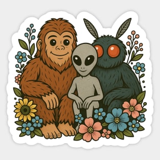 Cute Bigfoot Alien Mothman Whimsical Flowers Cryptid Sticker